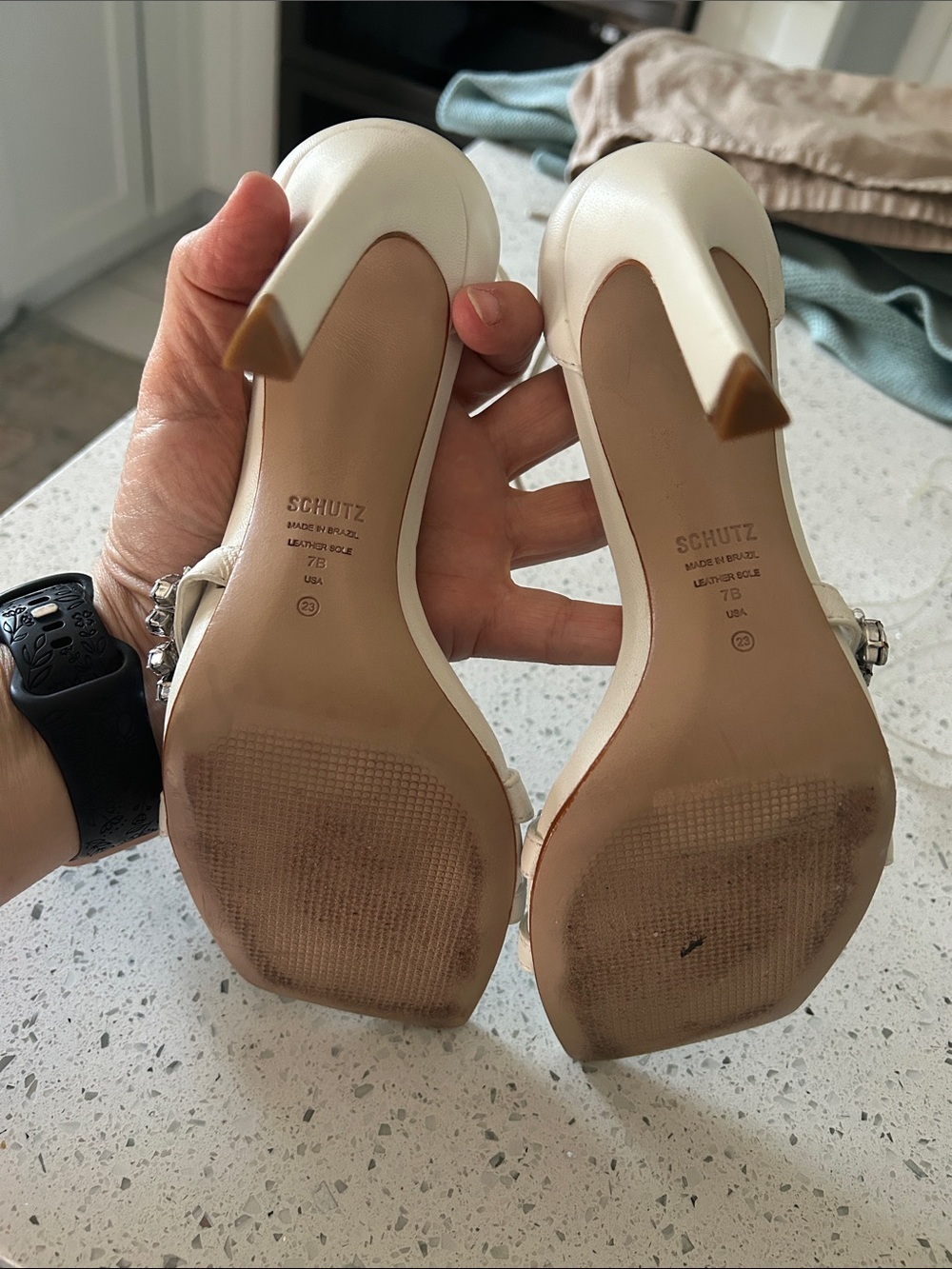 SCHUTZ Linsey White Leather Rhinestone Ankle Strap High Heel Stiletto Sandals 7 - Picture 12 of 13